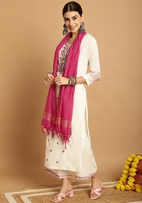 Off White Embroidered Viscose Rayon Kurta Set