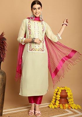 Green Block Print Chanderi Kurta Set