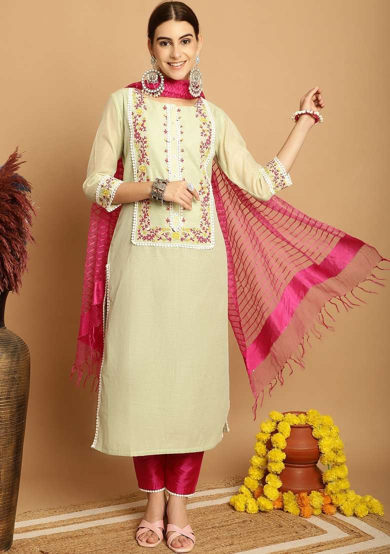 Green Block Print Chanderi Kurta Set - Indya