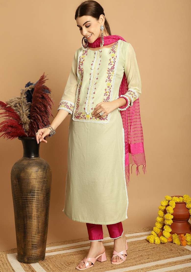 Green Block Print Chanderi Kurta Set - Indya
