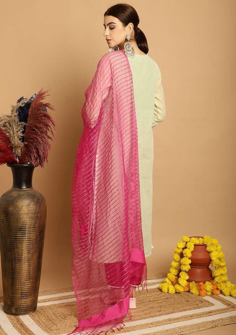 Green Block Print Chanderi Kurta Set - Indya