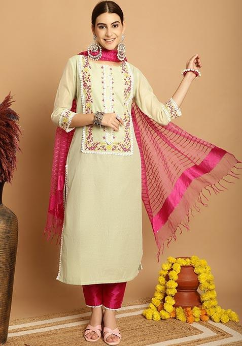 Green Block Print Chanderi Kurta Set