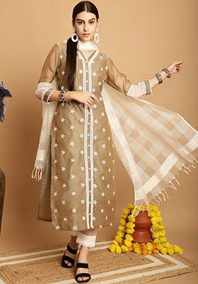 Brown Embroidered Chanderi Kurta Set