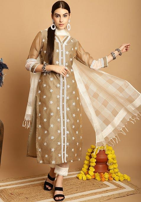 Brown Embroidered Chanderi Kurta Set