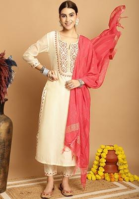 Cream Embroidered Chanderi Kurta Set