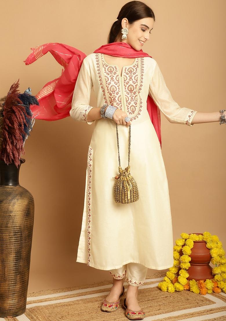Cream Embroidered Chanderi Kurta Set - Indya