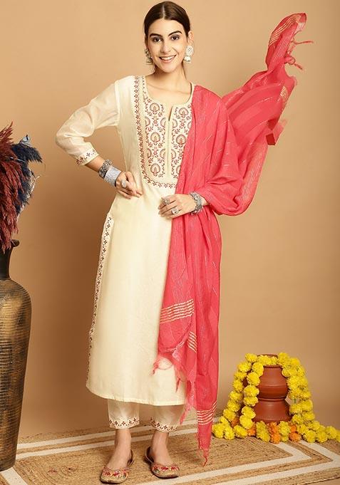 Cream Embroidered Chanderi Kurta Set
