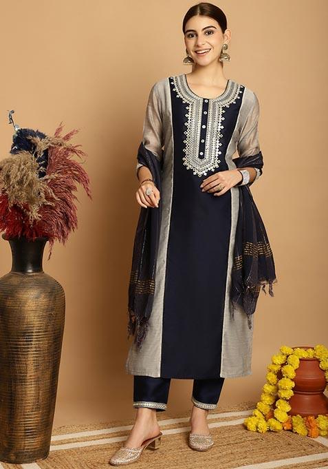 Grey Embroidered Chanderi Kurta Set