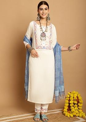 Off White Block Print Viscose Rayon Kurta Set