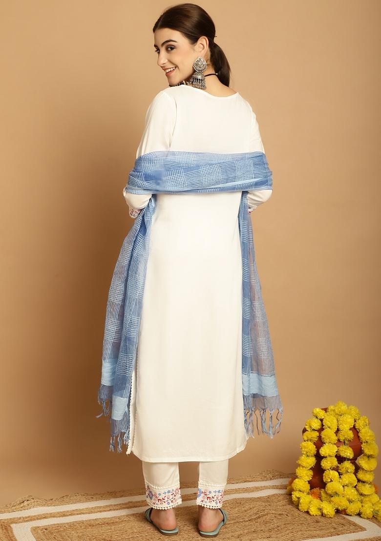 Off White Block Print Viscose Rayon Kurta Set - Indya