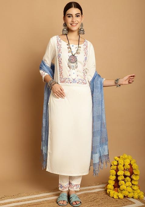 Off White Block Print Viscose Rayon Kurta Set