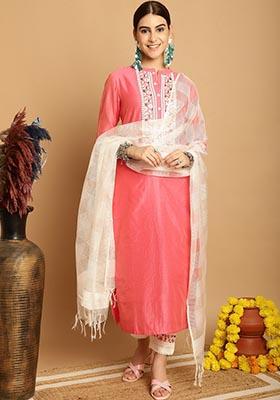 Red Embroidered Chanderi Kurta Set