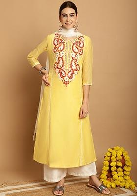 Yellow Embroidered Chanderi Kurta Set