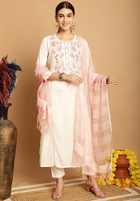 Off White Embroidered Viscose Rayon Kurta Set