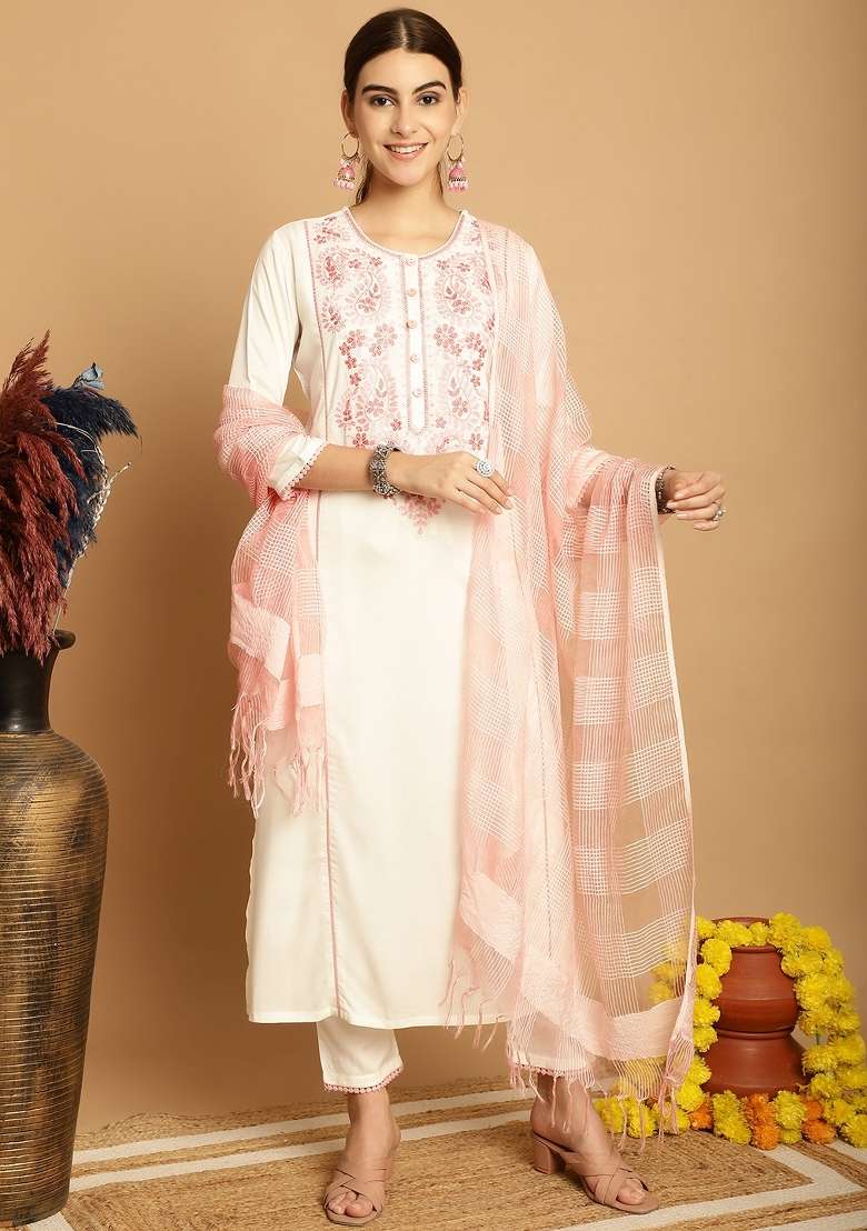 Off White Embroidered Viscose Straight Kurta Set - Indya