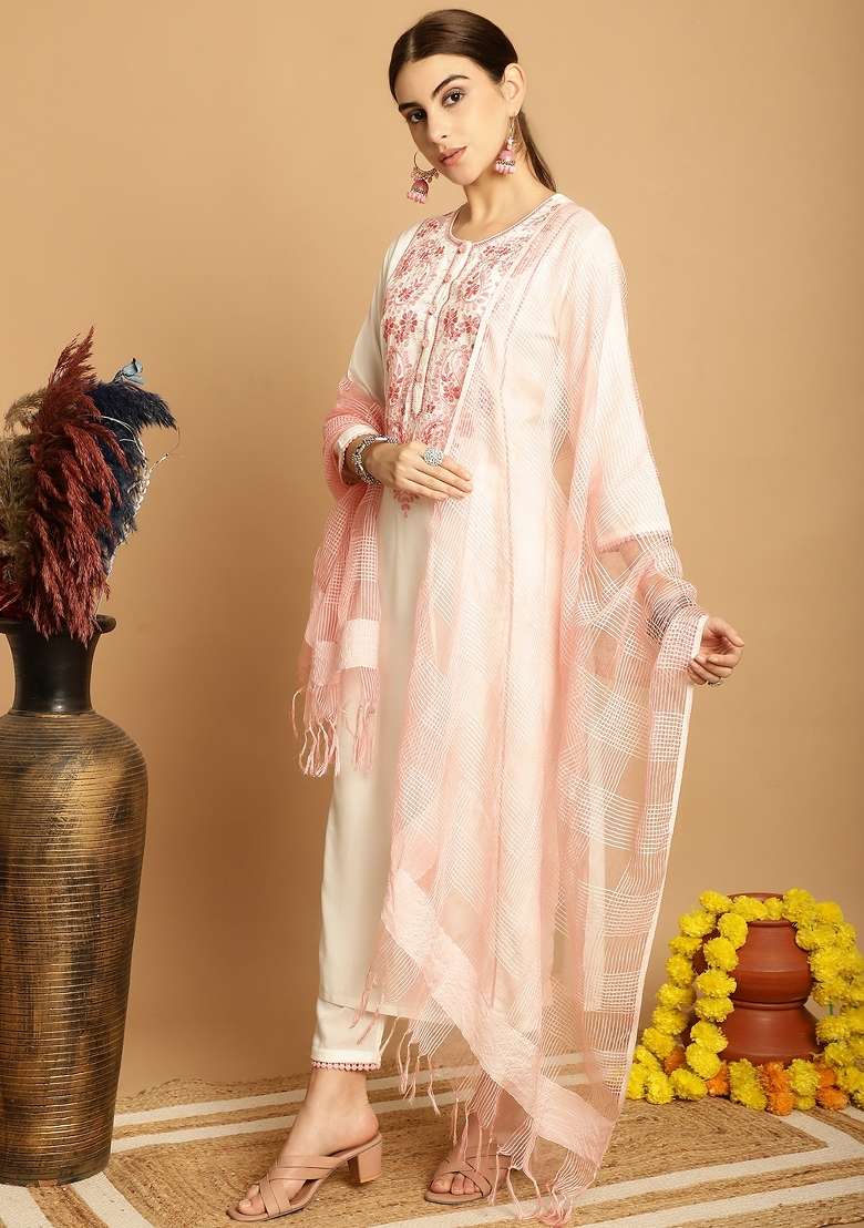 Off White Embroidered Viscose Straight Kurta Set - Indya