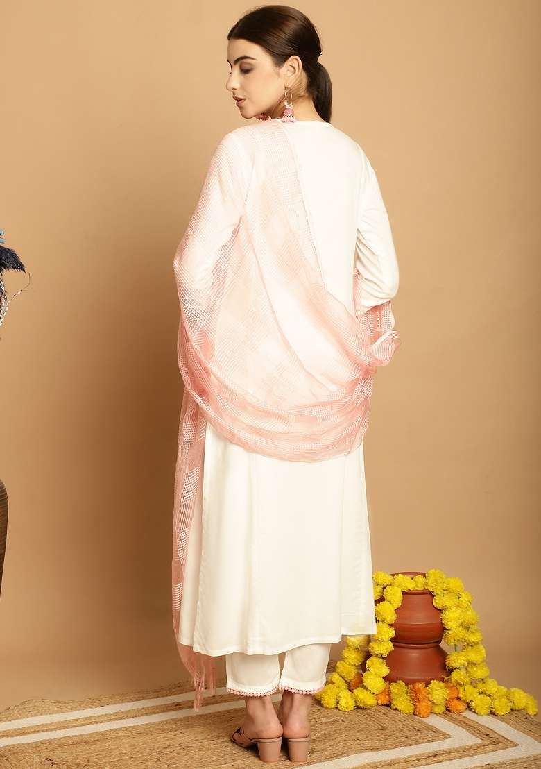 Off White Embroidered Viscose Straight Kurta Set - Indya