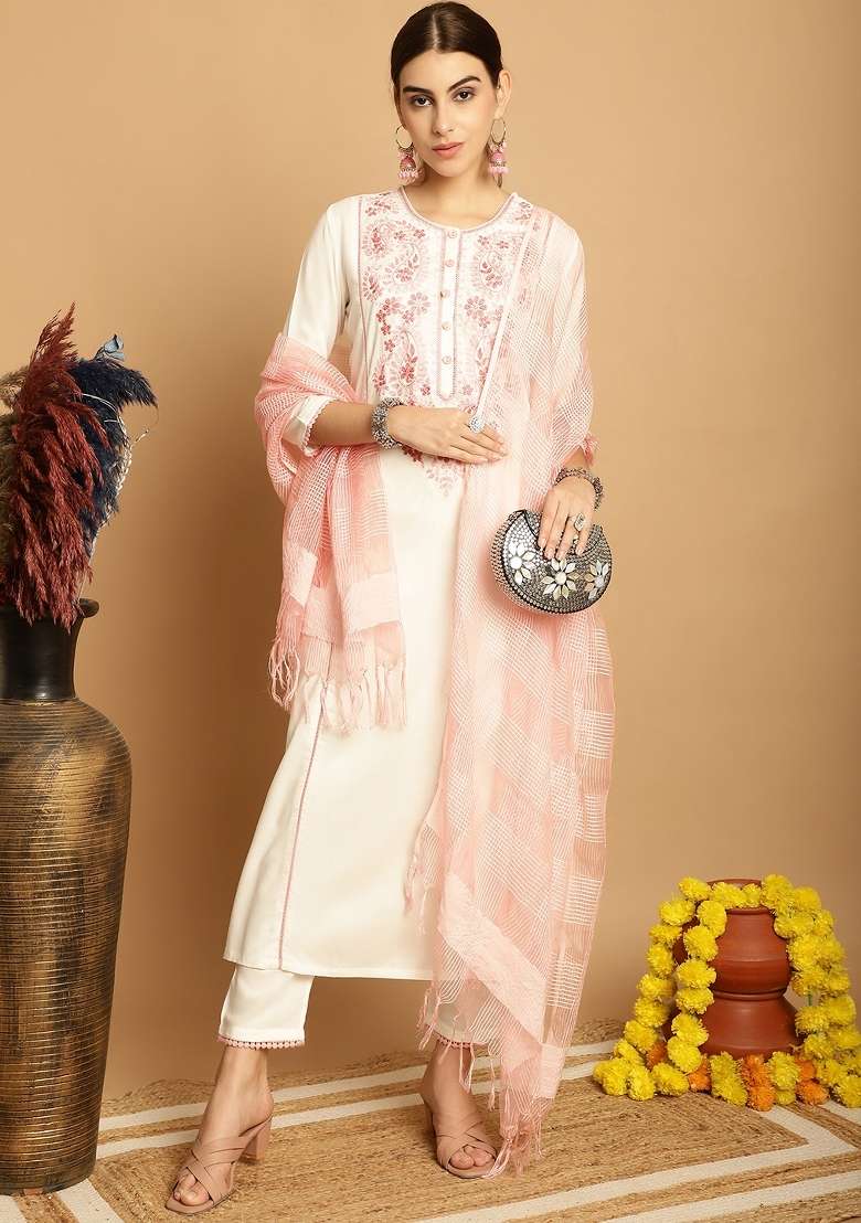 Off White Embroidered Viscose Straight Kurta Set - Indya