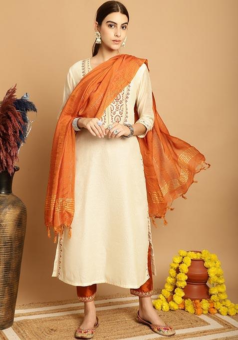 Cream Embroidered Chanderi Kurta Set