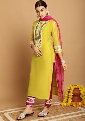 Yellow Embroidered Chanderi Kurta Set