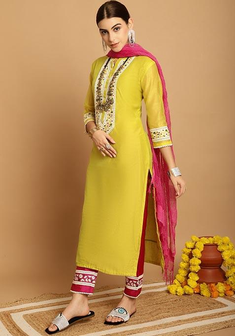 Yellow Embroidered Chanderi Kurta Set