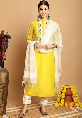 Yellow Embroidered Chanderi Kurta Set