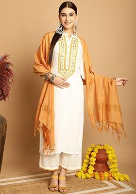 Off White Embroidered Viscose Rayon Kurta Set