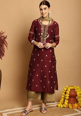 Wine Embroidered Chanderi Kurta Set
