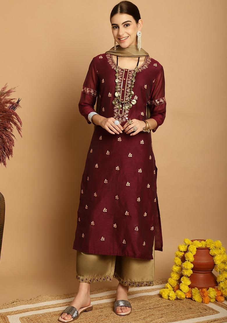 Wine Embroidered Chanderi Kurta Set