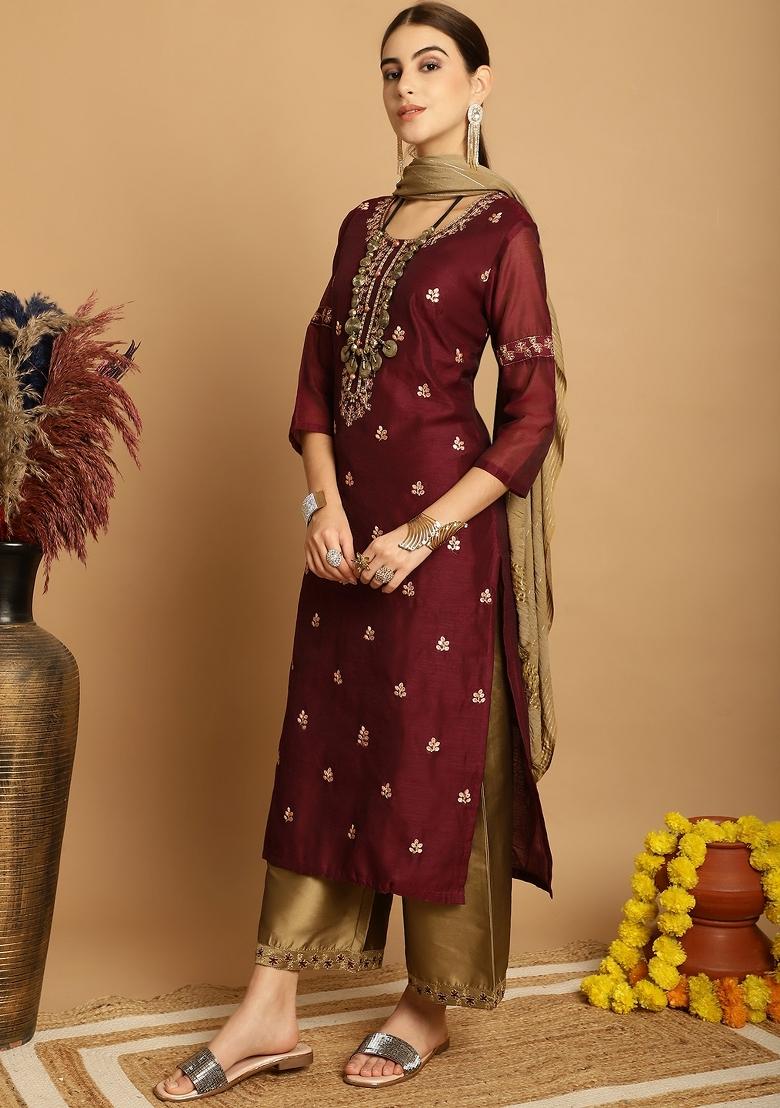 Wine Embroidered Chanderi Kurta Set