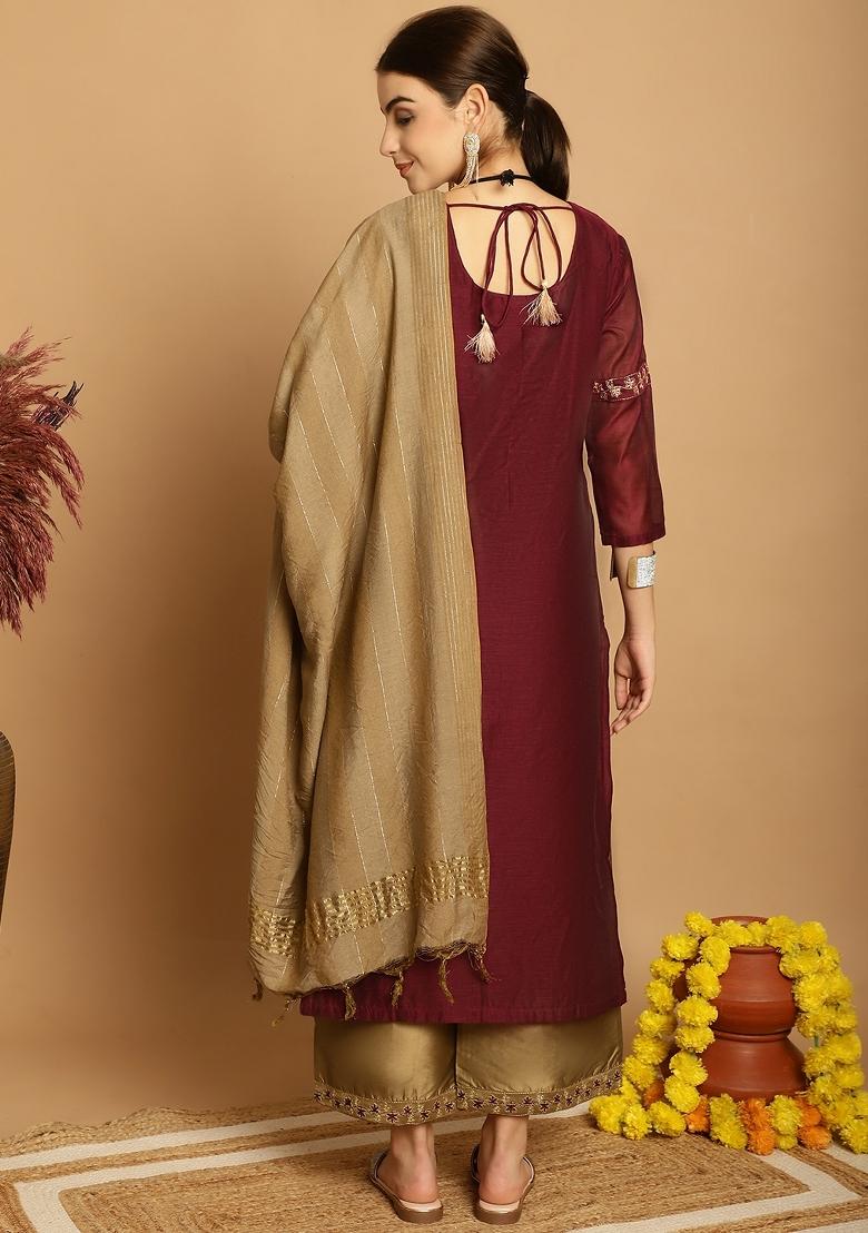 Wine Embroidered Chanderi Kurta Set