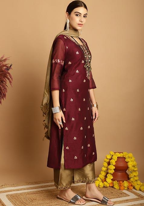 Wine Embroidered Chanderi Kurta Set
