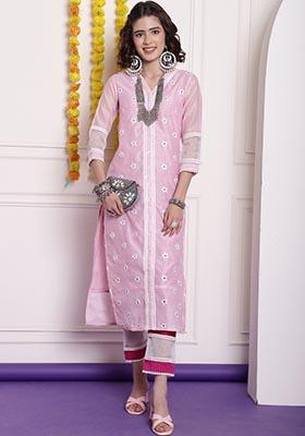 Pink Embroidered Chanderi Kurta