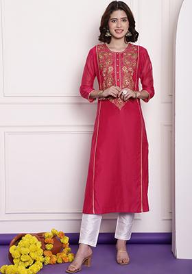 Fuchsia Pink Embroidered Chanderi Kurta