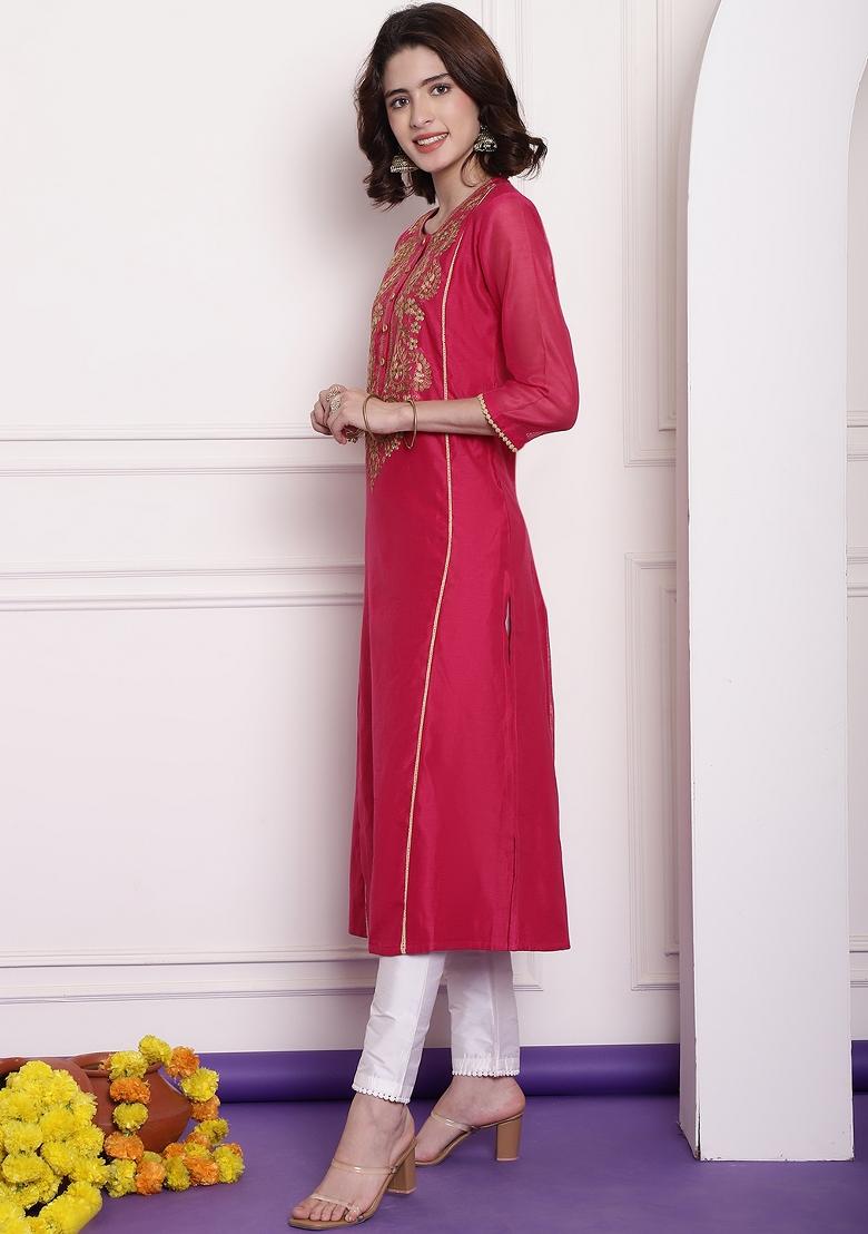 Fuchsia Pink Embroidered Chanderi Kurta - Indya