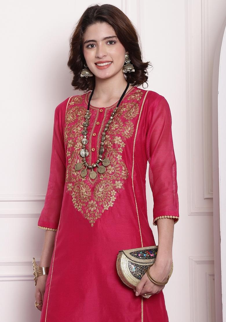 Fuchsia Pink Embroidered Chanderi Kurta - Indya