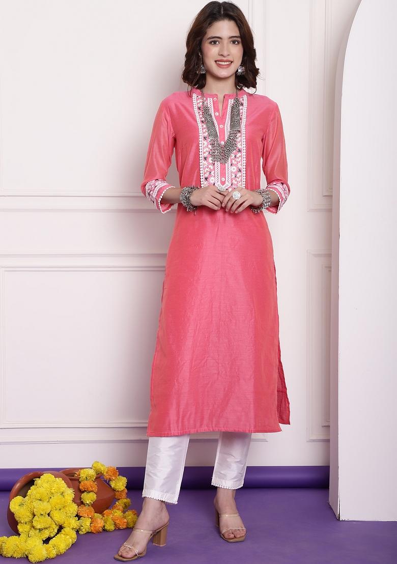 Red Embroidered Chanderi Kurta