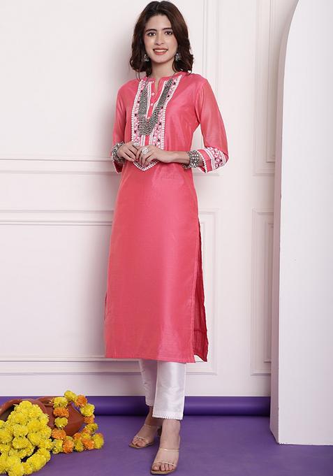 Red Embroidered Chanderi Kurta