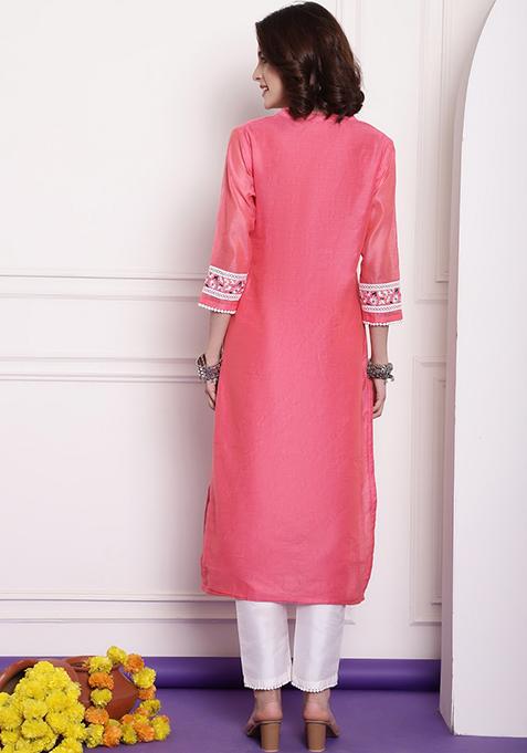 Red Embroidered Chanderi Kurta