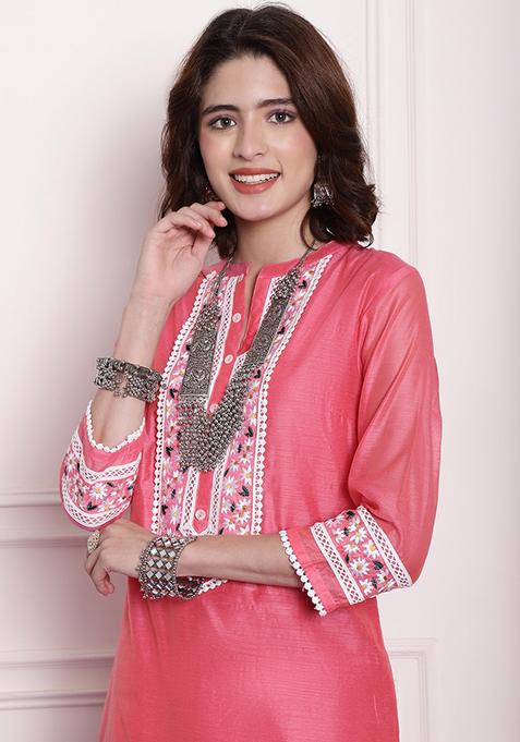 Red Embroidered Chanderi Kurta