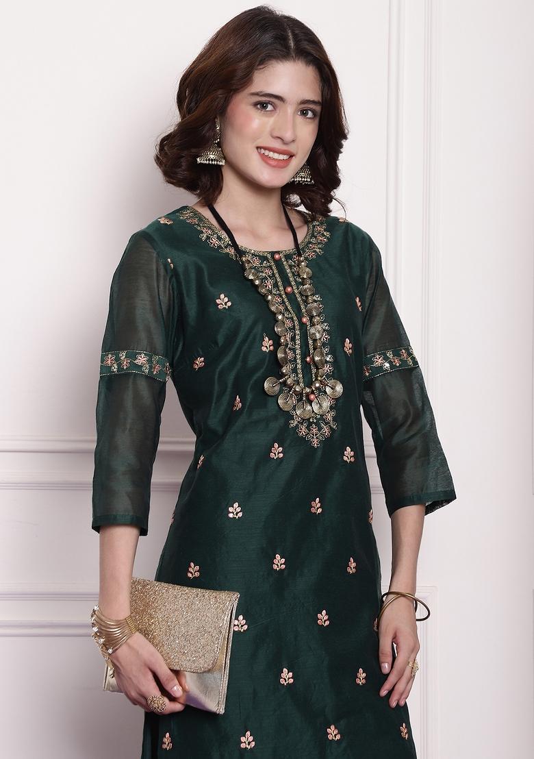 Green Embroidered Chanderi Kurta - Indya
