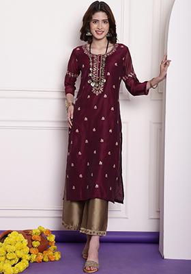 Wine Embroidered Chanderi Kurta