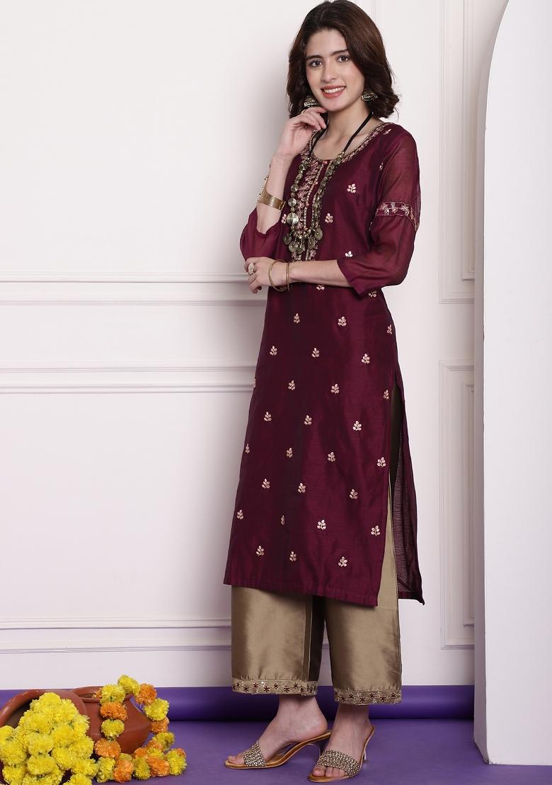 Wine Embroidered Chanderi Kurta