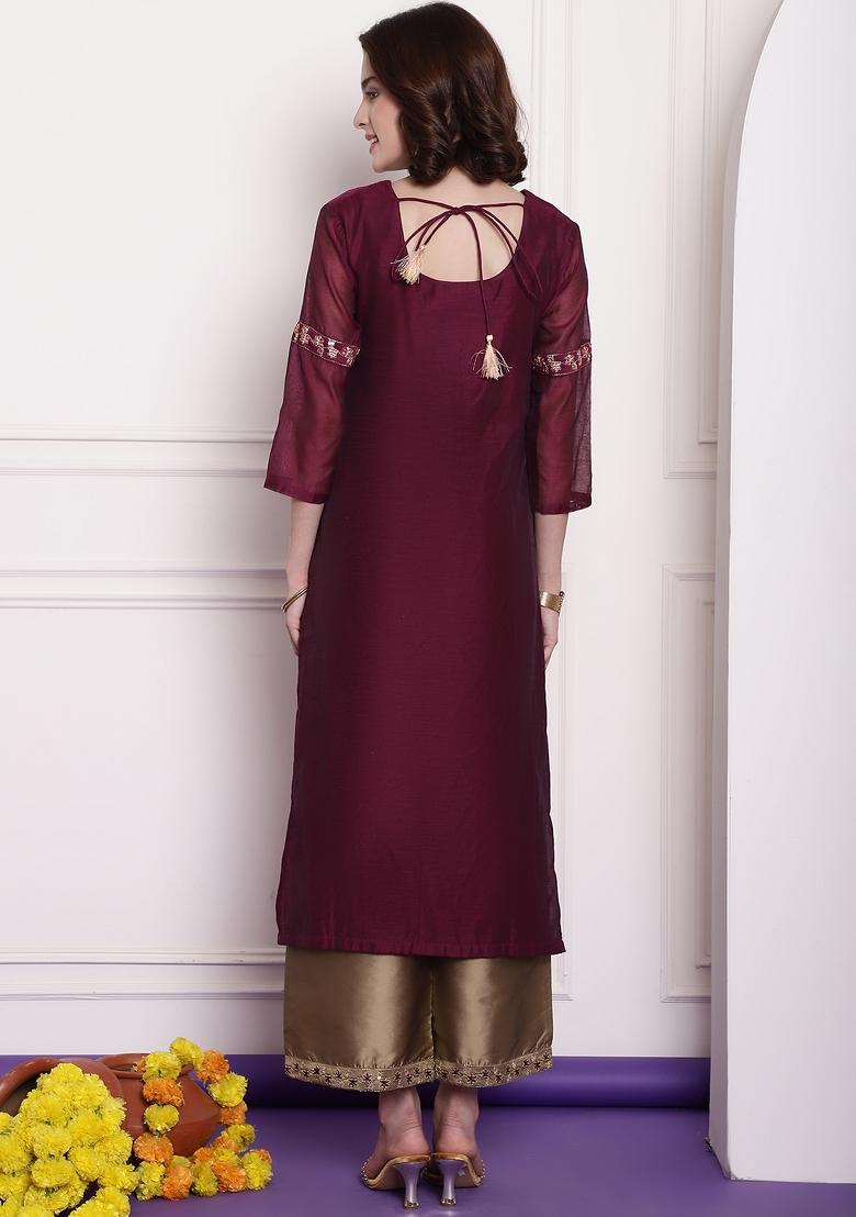Wine Embroidered Chanderi Kurta