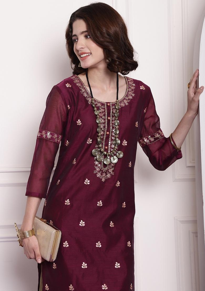 Wine Embroidered Chanderi Kurta
