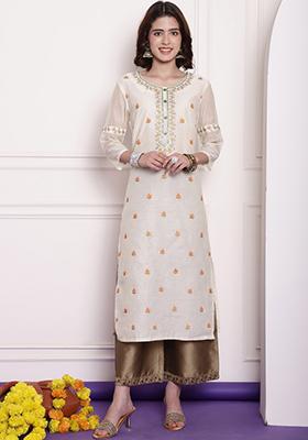 Cream Embroidered Chanderi Kurta