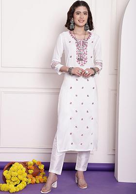 Off White Embroidered Chanderi Kurta