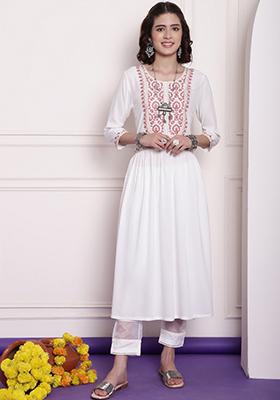 Off White Embroidered Chanderi Kurta