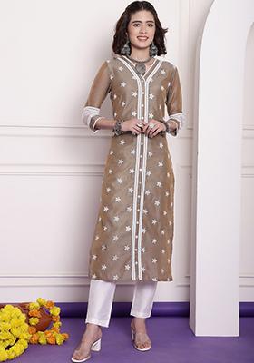 Brown Embroidered Chanderi Kurta