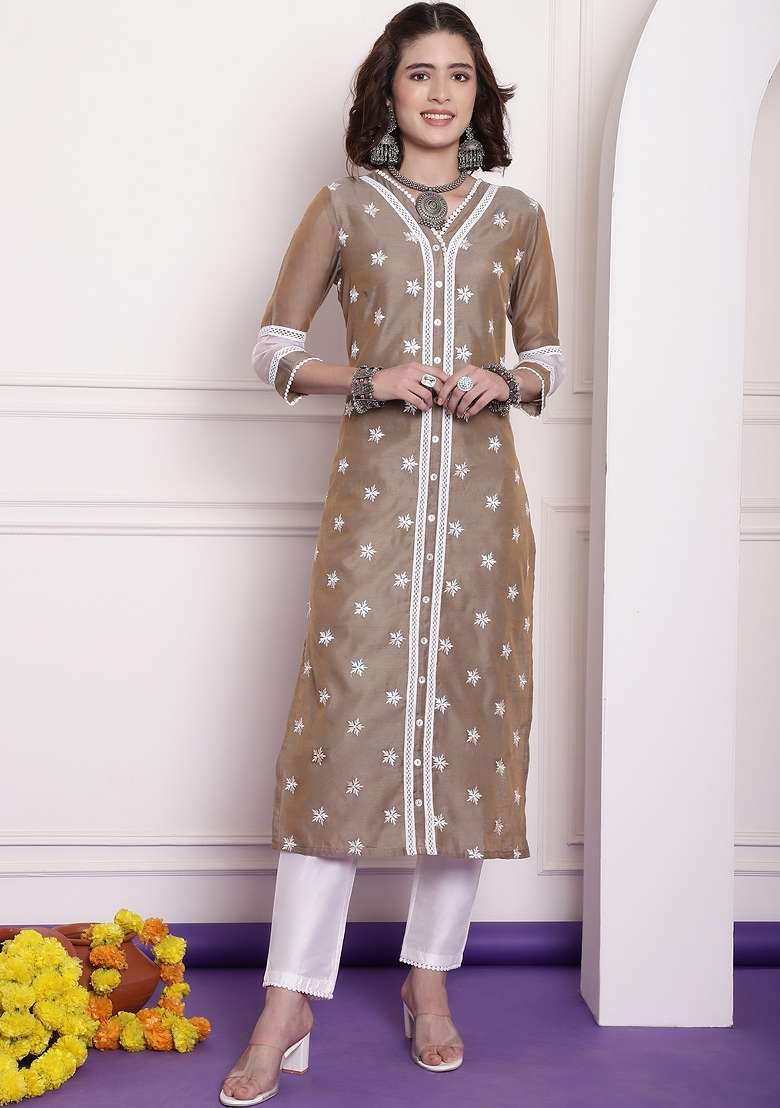 Brown Embroidered Chanderi Kurta - Indya